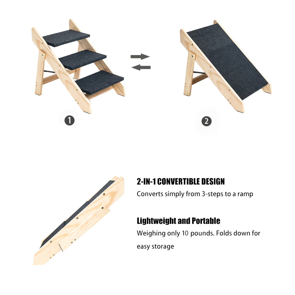 Foldable wooden dog stairs and ramp with three steps, view 4