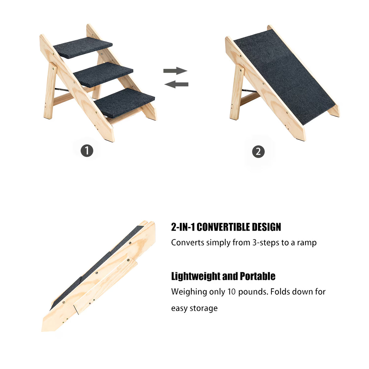 Foldable wooden dog stairs and ramp with three steps, view 4