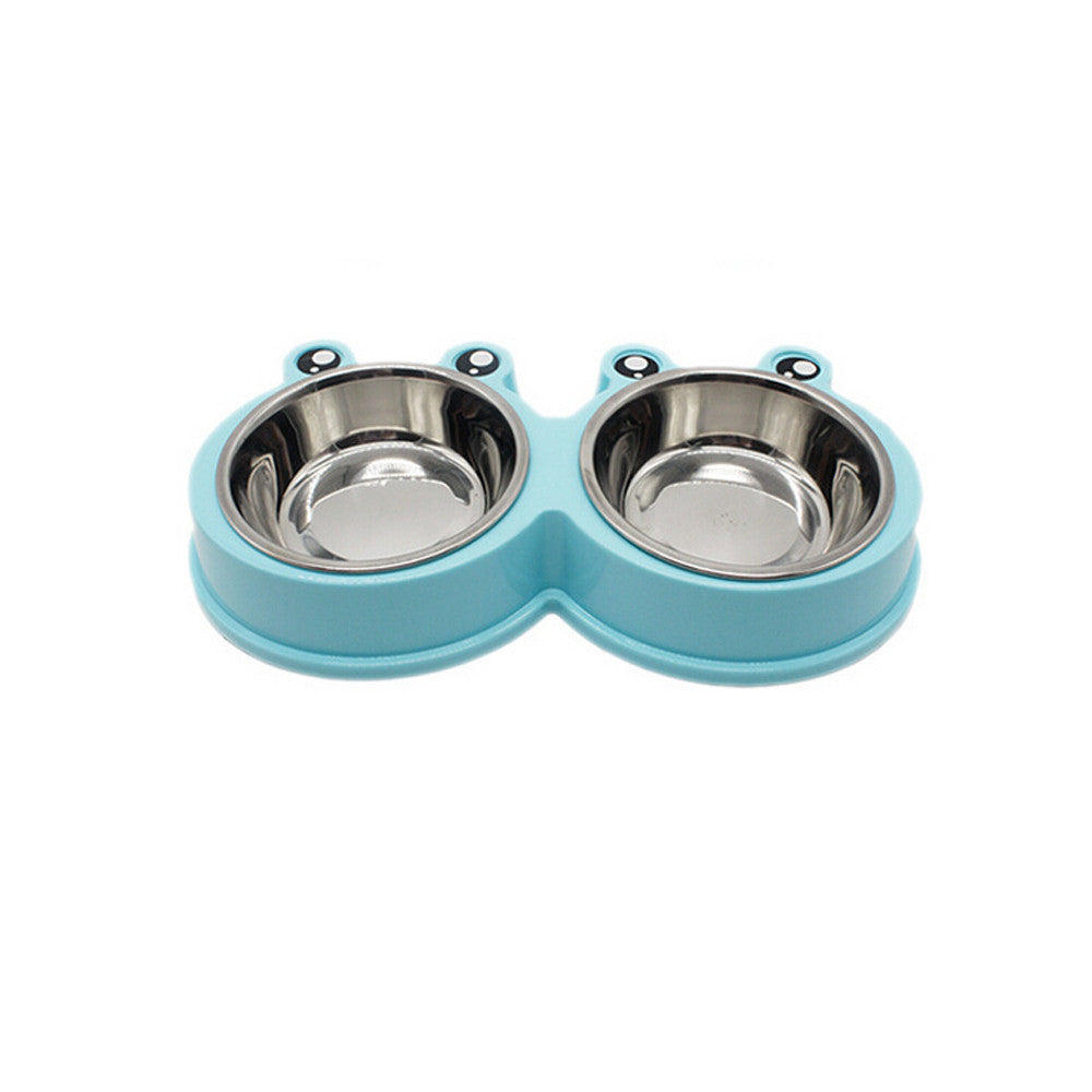 Frog-shaped double pet bowl with stainless steel bowls, view 2