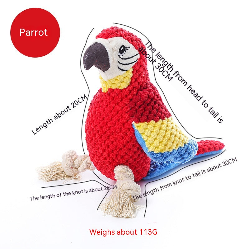 Squeaky plush parrot dog toy with rope knots, view 4