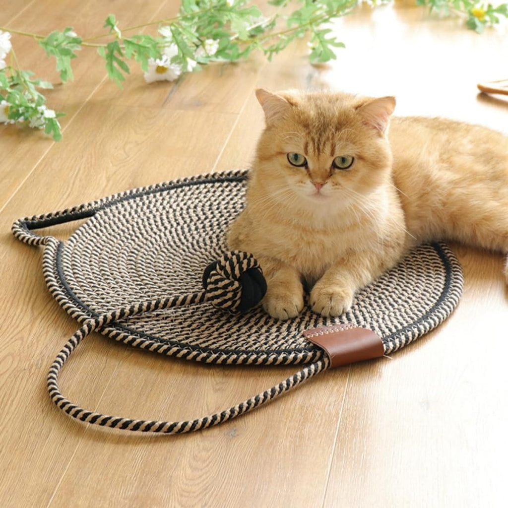 Woven cotton rope cat scratch mat with toy ball, view 5