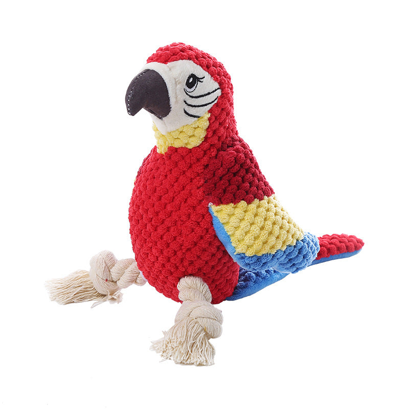 Squeaky plush parrot dog toy with rope knots, view 7