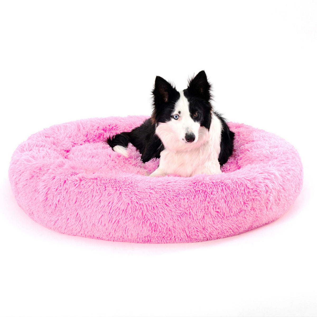 Fluffy long plush calming donut dog bed, view 3