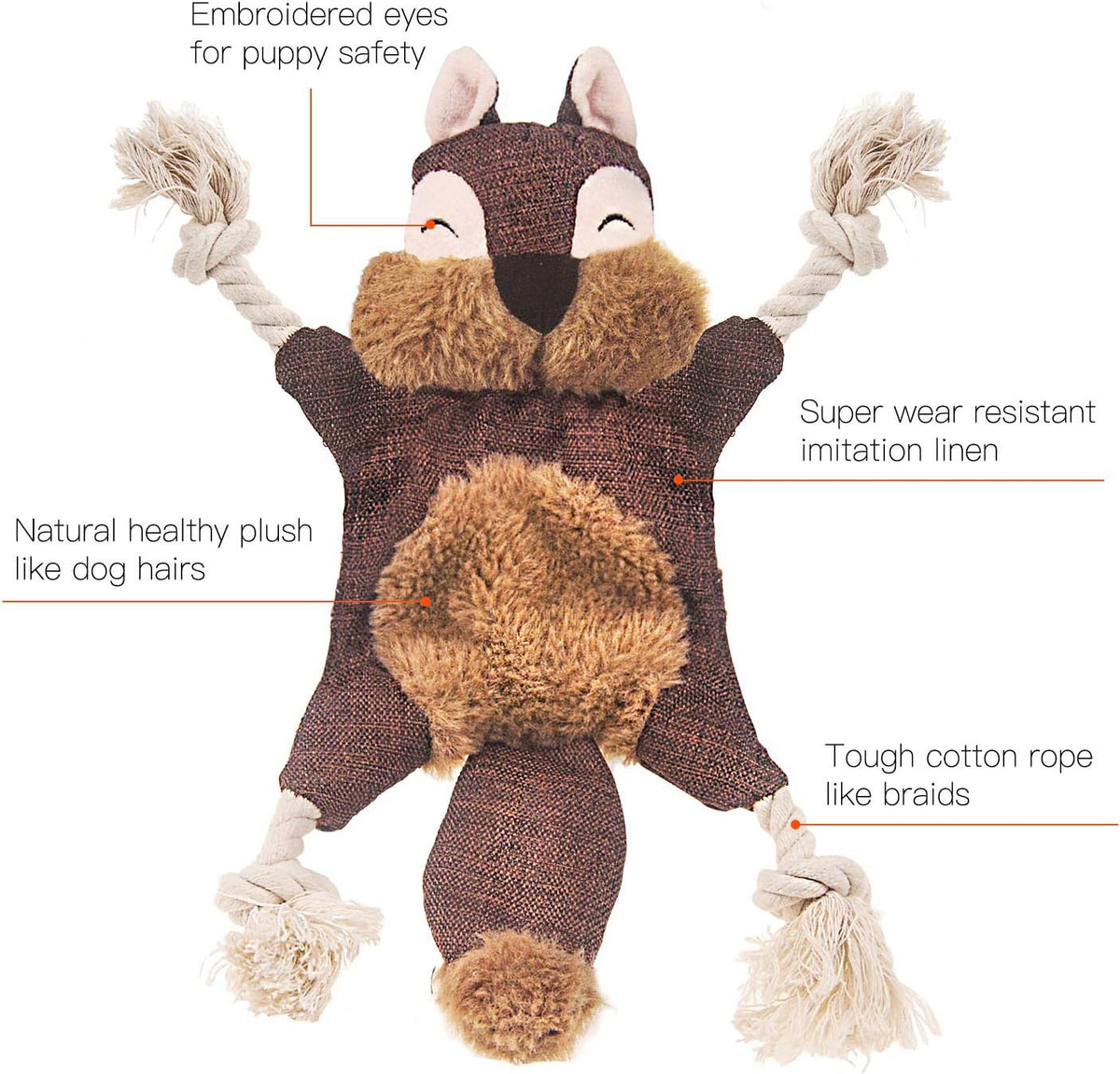 Stuffless plush fox dog toy with rope limbs, view 3
