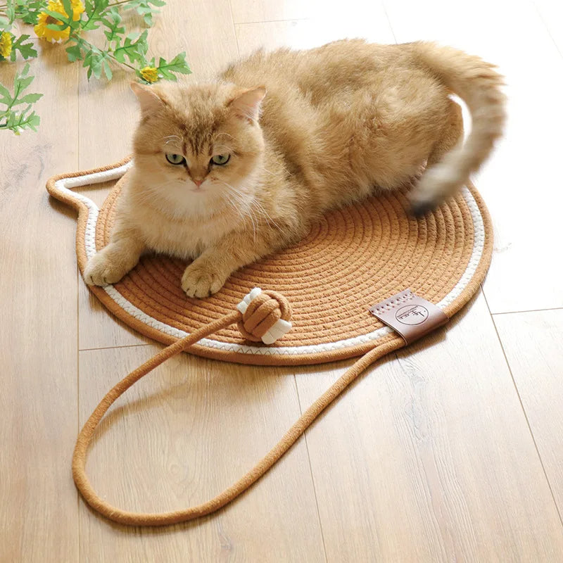 Woven cotton rope cat scratch mat with toy ball, view 7
