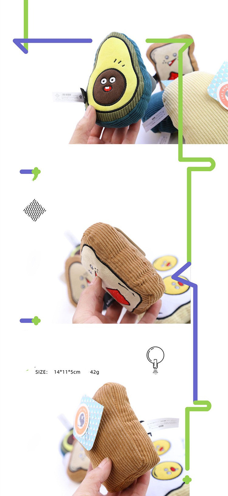 Squeaky plush avocado, toast and fried egg dog toys, view 8