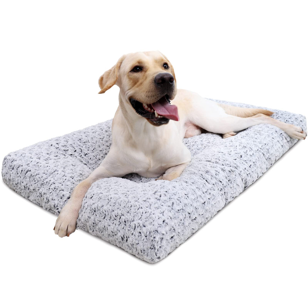 Thick grey plush dog crate pad and kennel mat, view 2