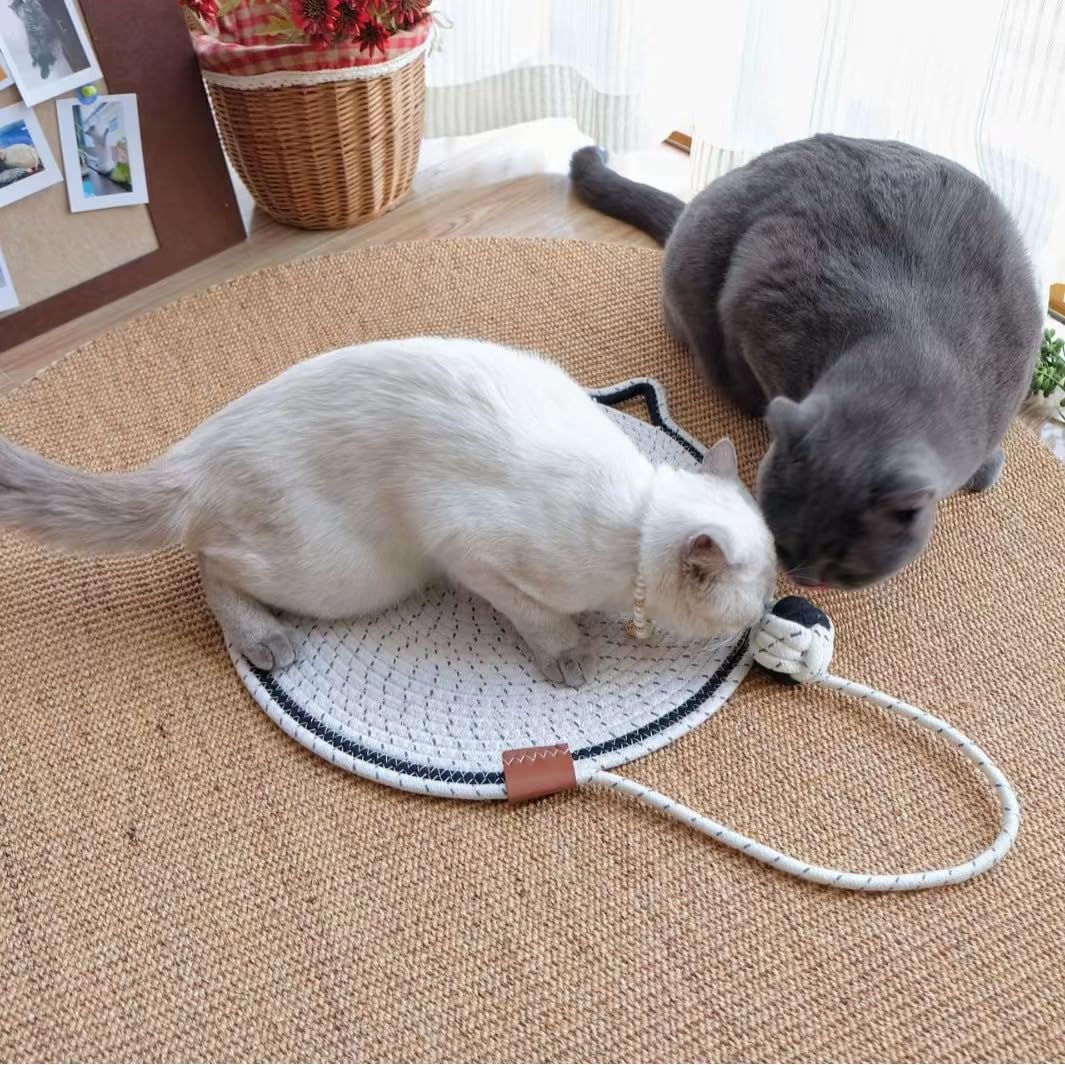 Woven cotton rope cat scratch mat with toy ball, view 8