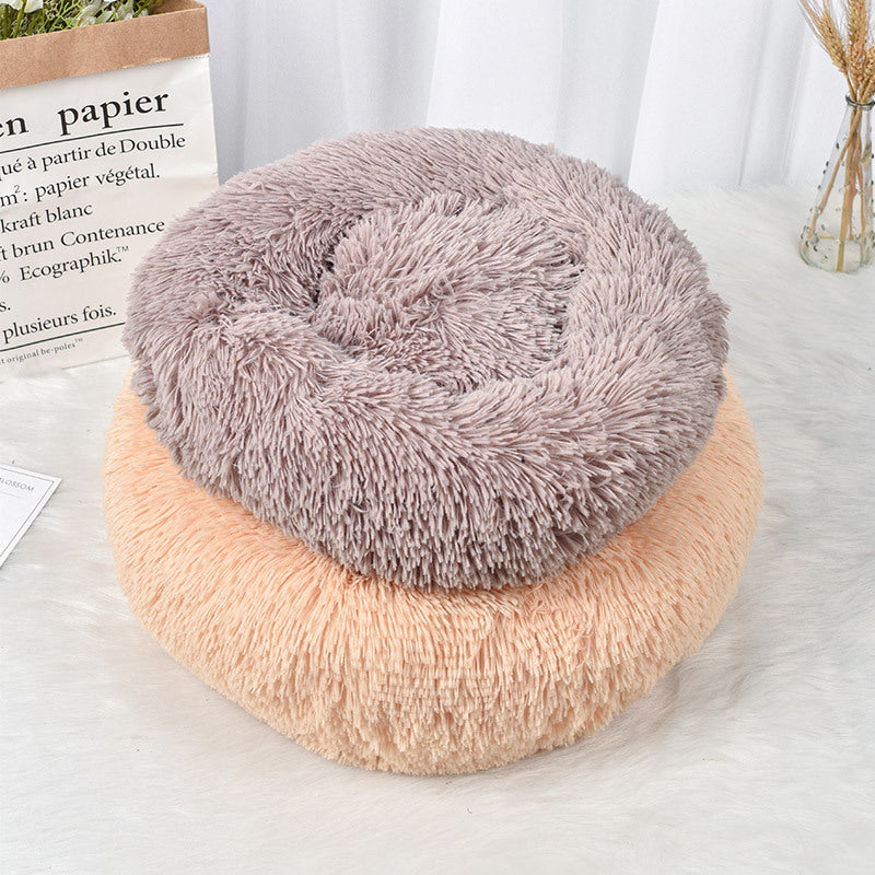 White fluffy round donut cat bed, view 2