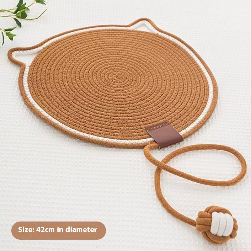 Woven cotton rope cat scratch mat with toy ball, view 3