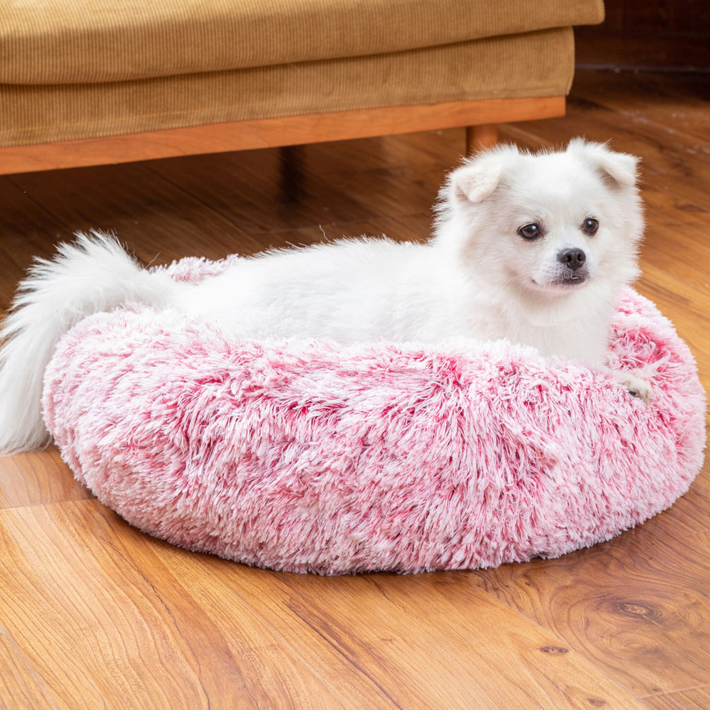 Fluffy long plush calming donut dog bed, view 6