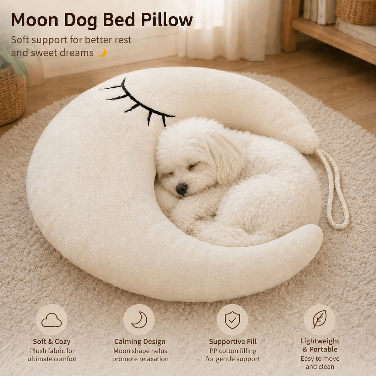 Crescent moon-shaped plush dog pillow headrest, view 2