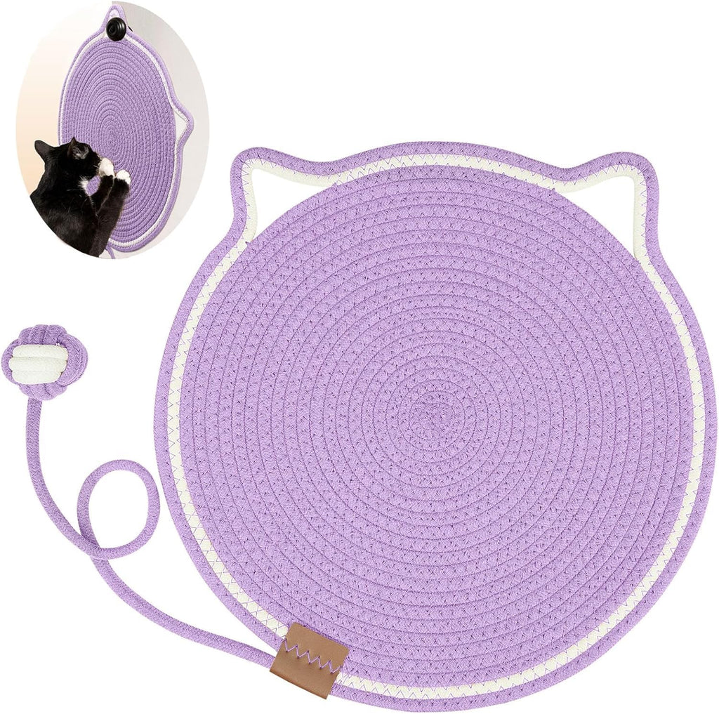 Woven cotton rope cat scratch mat with toy ball, view 2