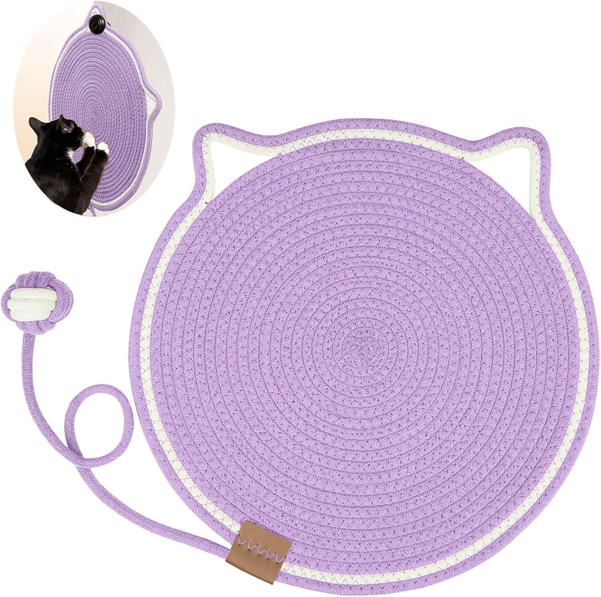 Woven cotton rope cat scratch mat with toy ball, view 2