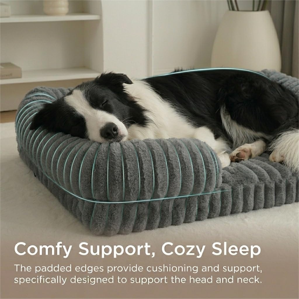 Striped plush bolster calming dog bed, view 10