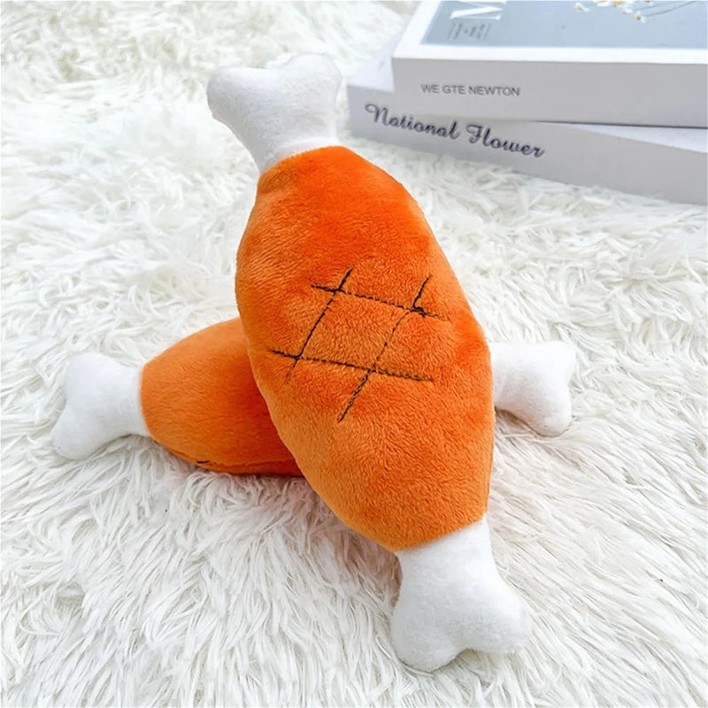 Squeaky plush chicken leg and carrot dog toys, view 4