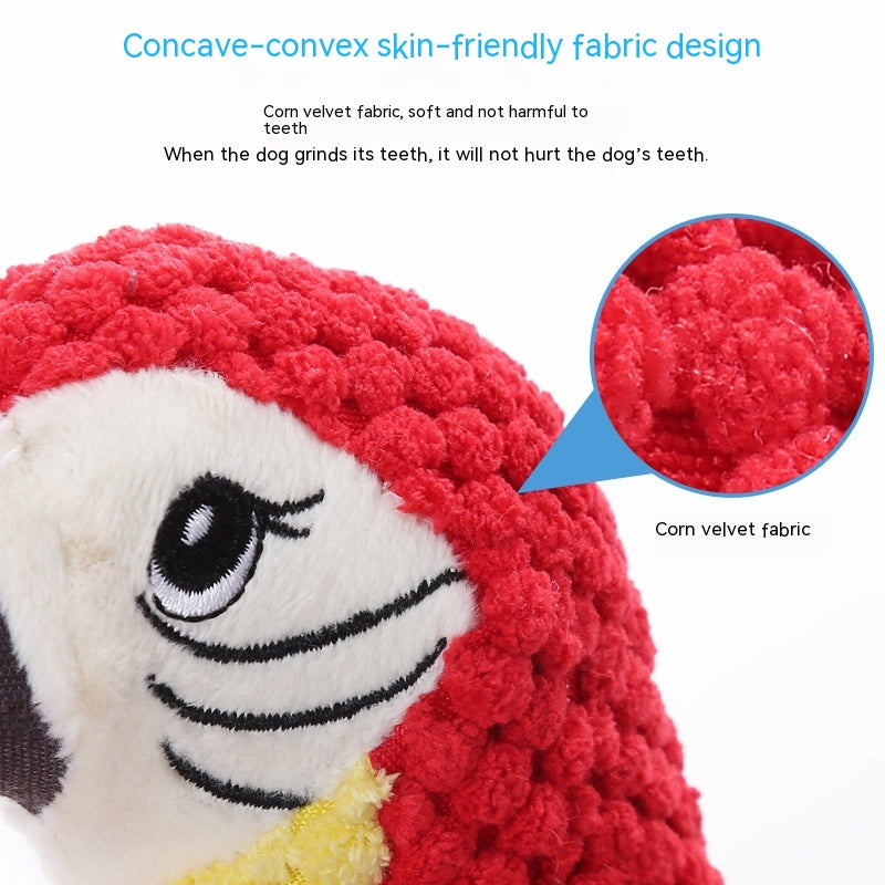 Squeaky plush parrot dog toy with rope knots, view 3