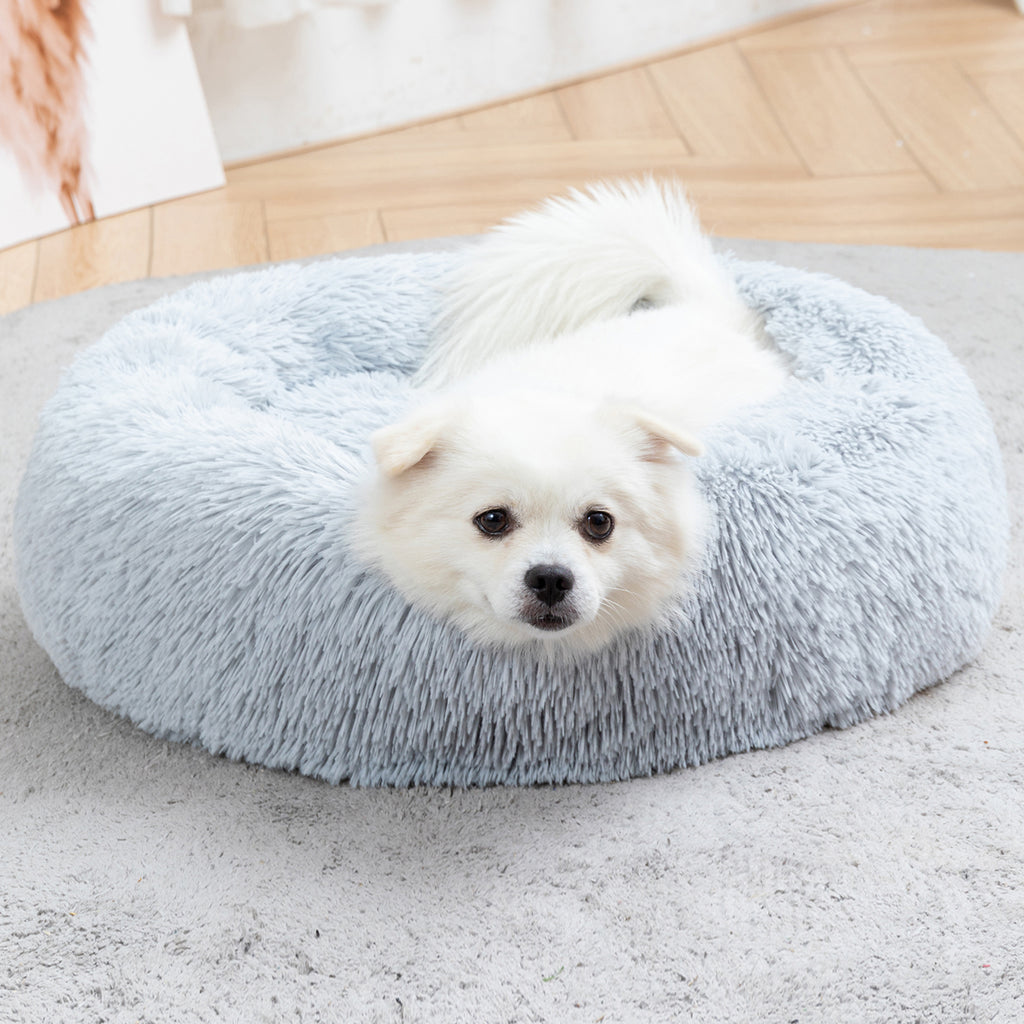 Fluffy long plush calming donut dog bed, view 9
