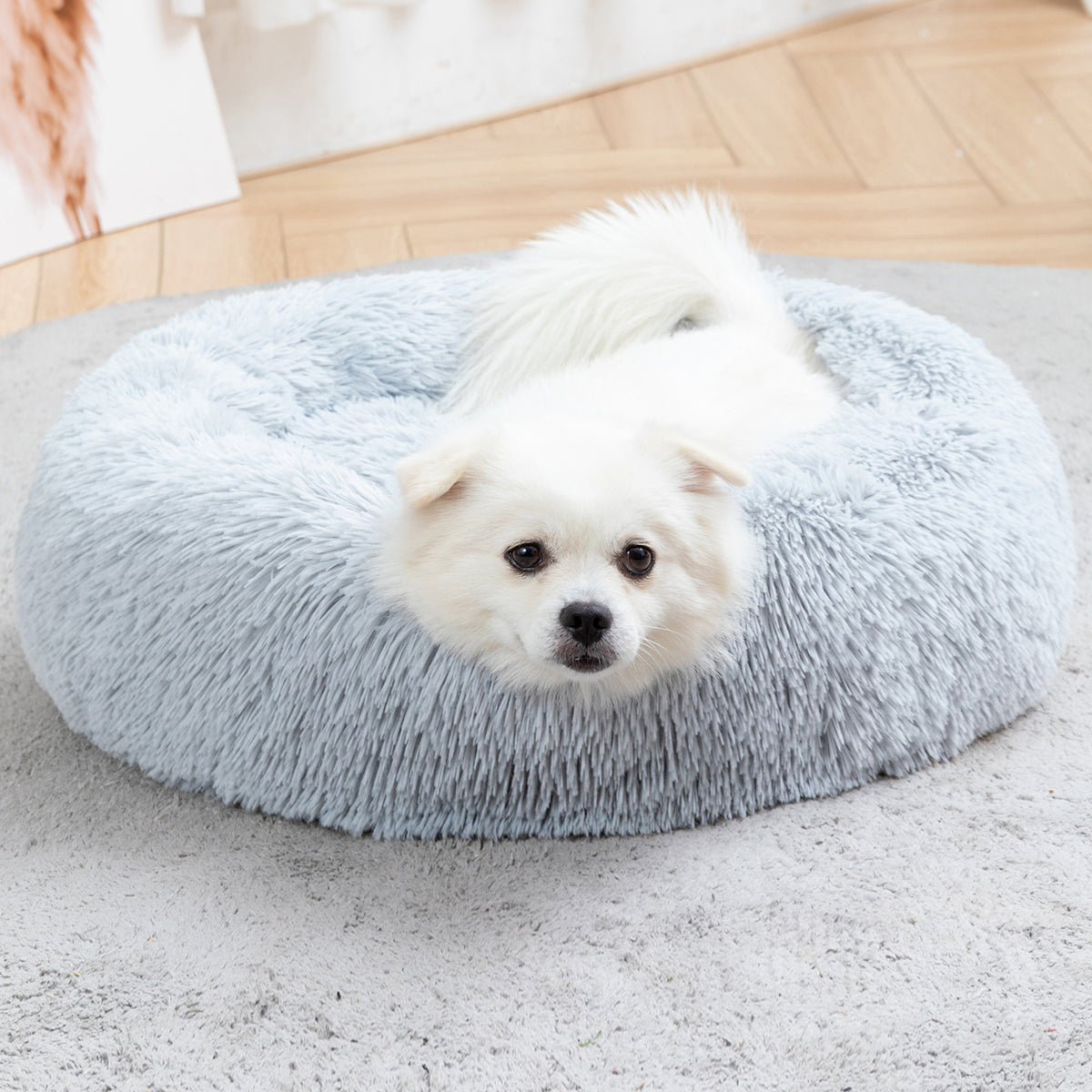 Fluffy long plush calming donut dog bed, view 9