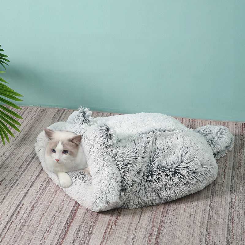 Two-tone plush semi-enclosed cat nest bed, view 2