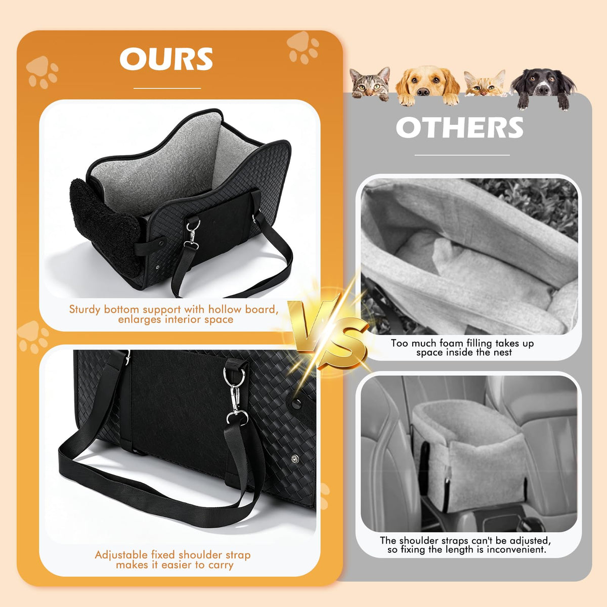 Black console dog car seat with storage pocket, view 5