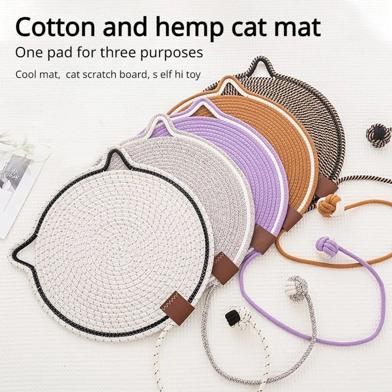 Woven cotton rope cat scratch mat with toy ball, view 9