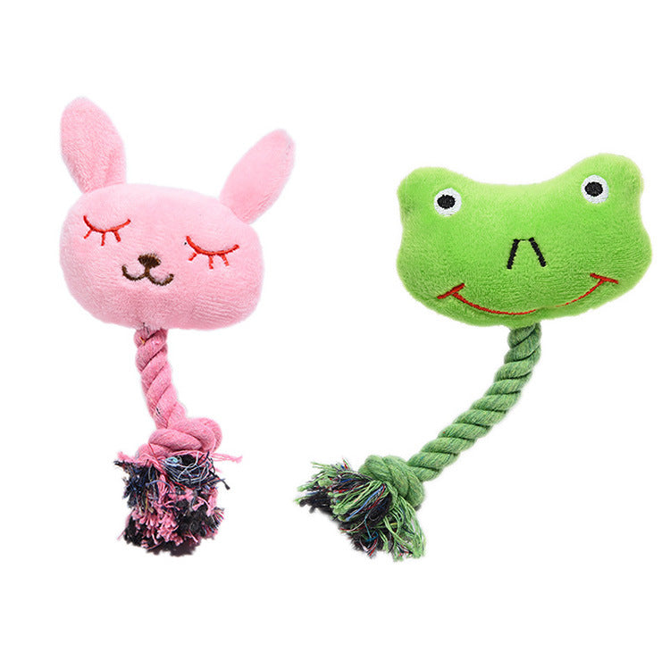 Squeaky plush pink bunny and green frog puppy toys, view 8