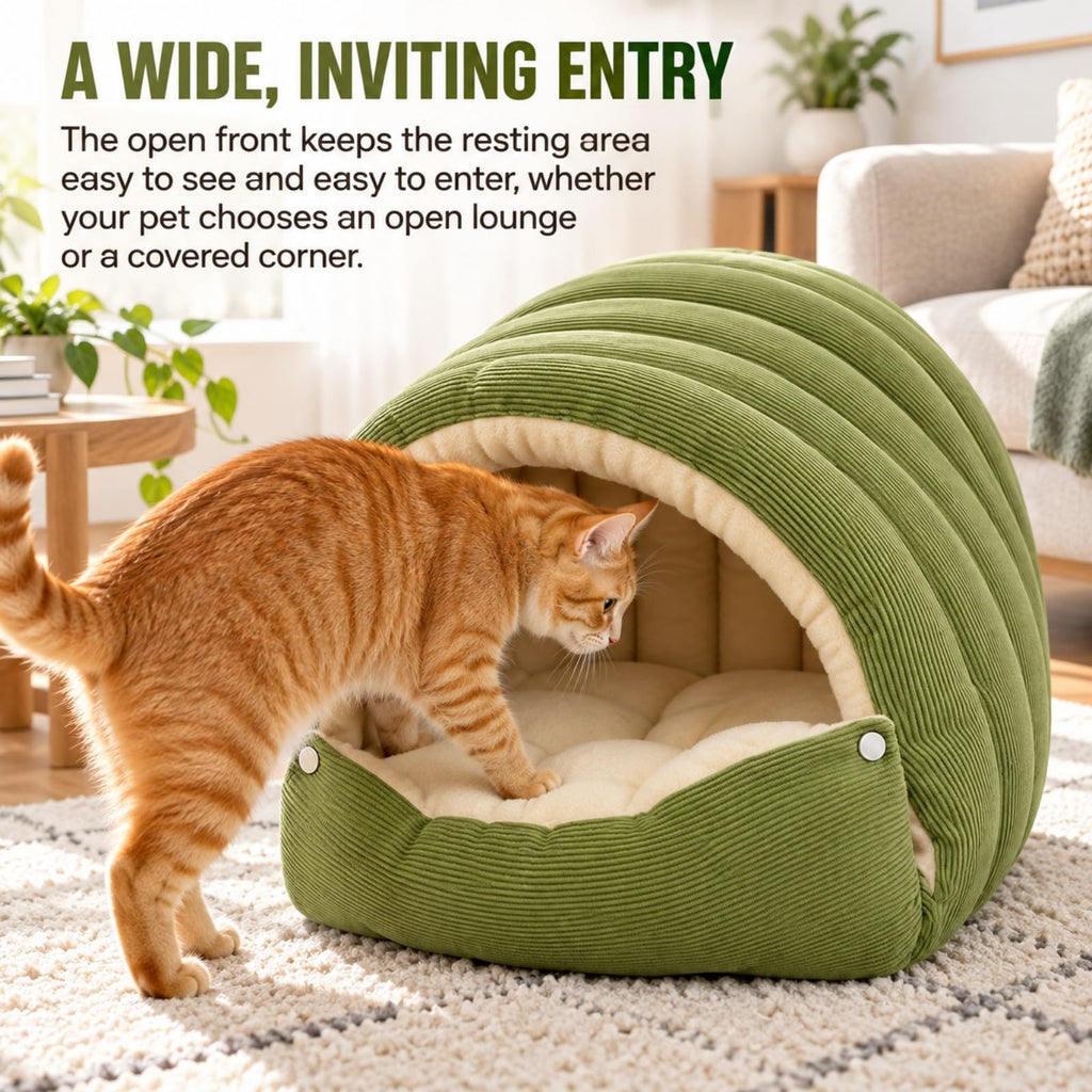 Beige corduroy covered cave bed for small dogs, view 7