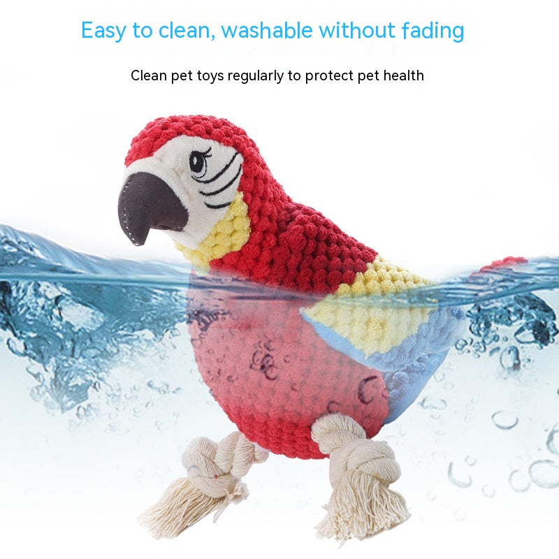 Squeaky plush parrot dog toy with rope knots, view 5