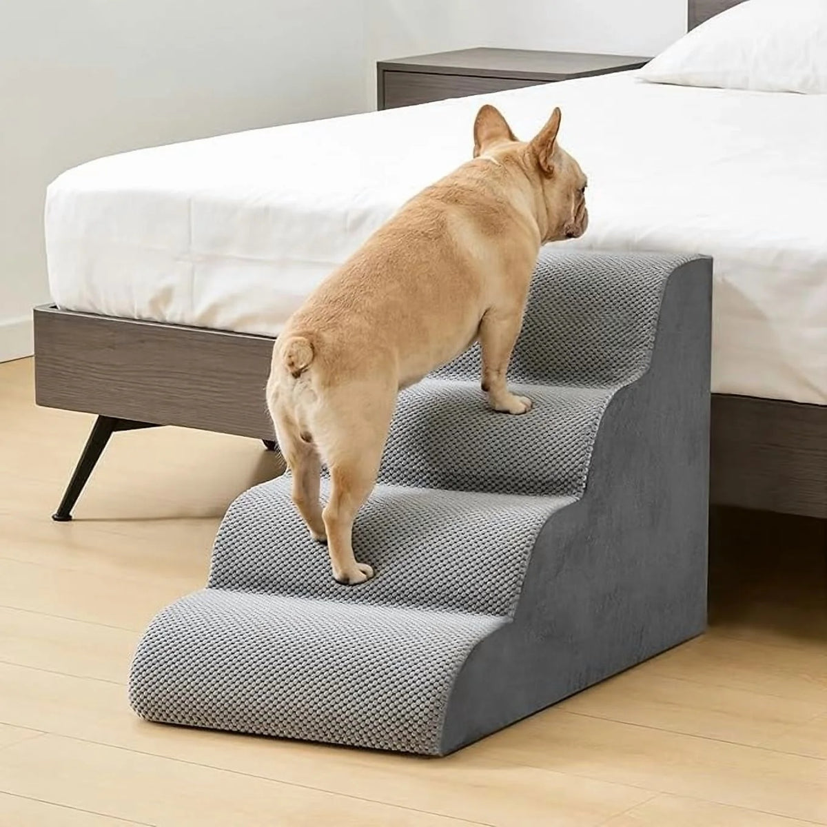 Curved four-step foam dog stairs for bed and sofa, view 2