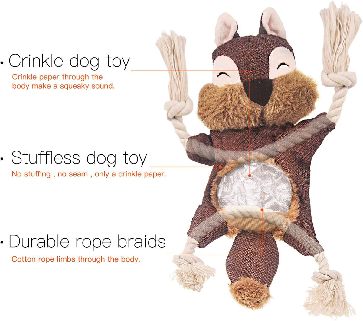 Stuffless plush fox dog toy with rope limbs, view 7