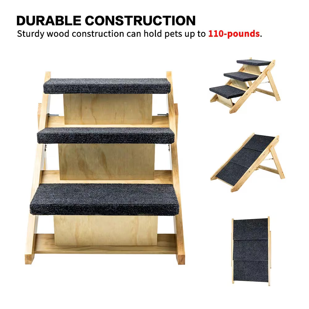 Foldable wooden dog stairs and ramp with three steps, view 2