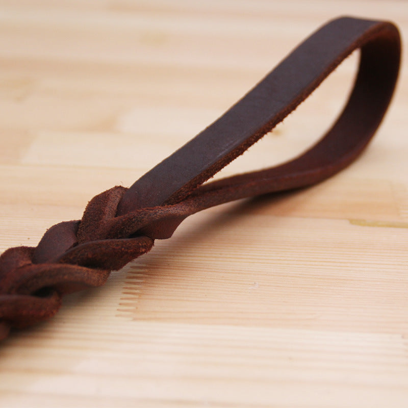 Braided brown leather short dog leash traffic lead, view 3