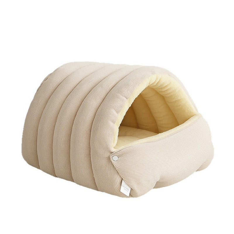Beige corduroy covered cave bed for small dogs, view 3