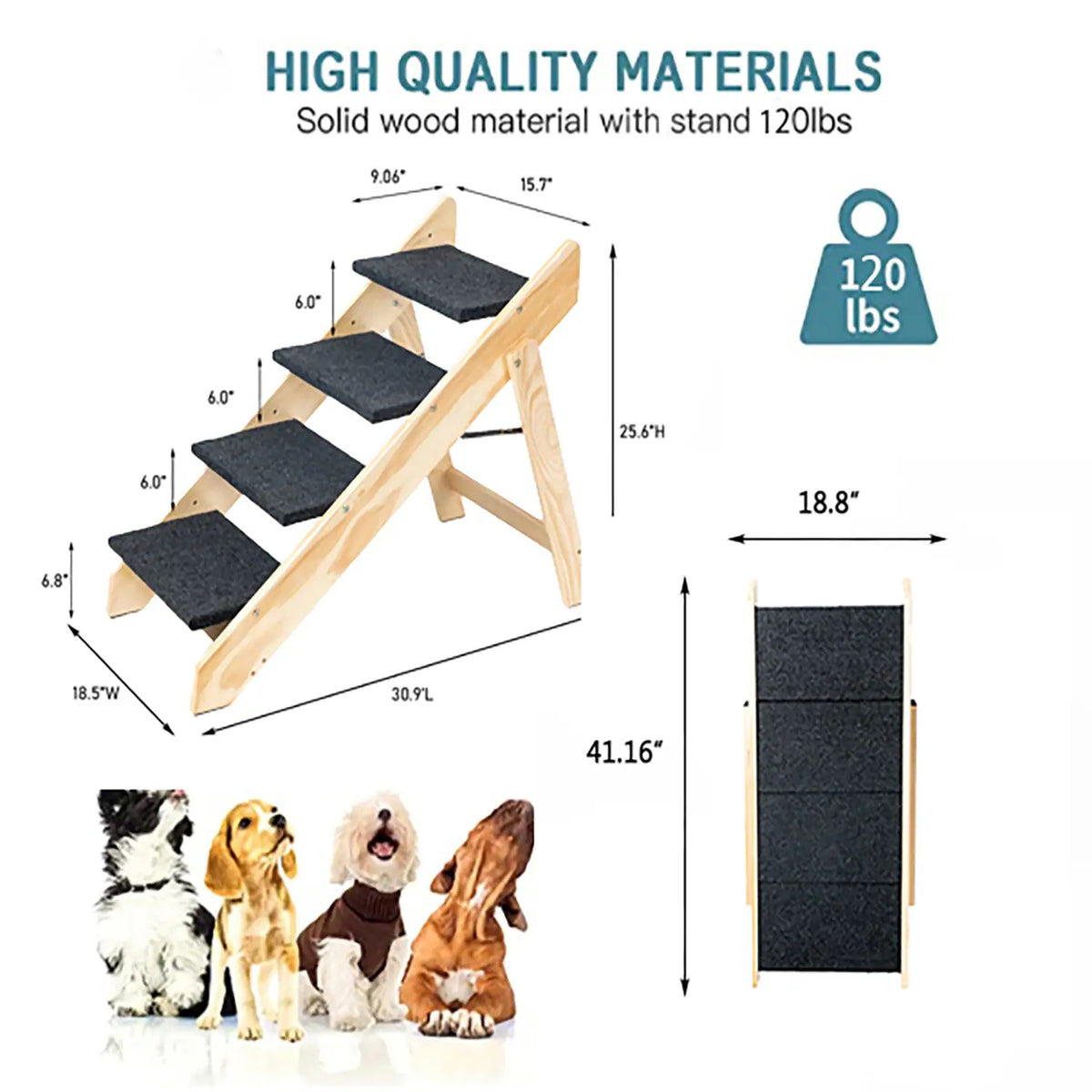 Foldable wooden dog stairs and ramp with three steps, view 9