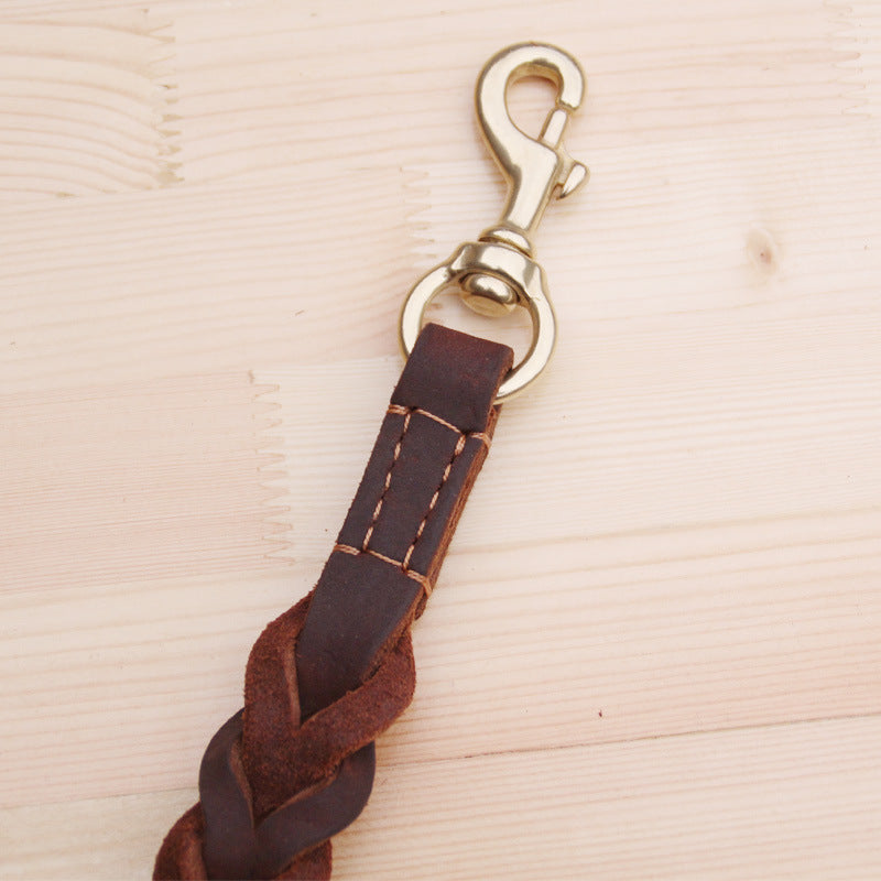 Braided brown leather short dog leash traffic lead, view 5