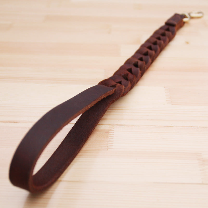 Braided brown leather short dog leash traffic lead, view 4