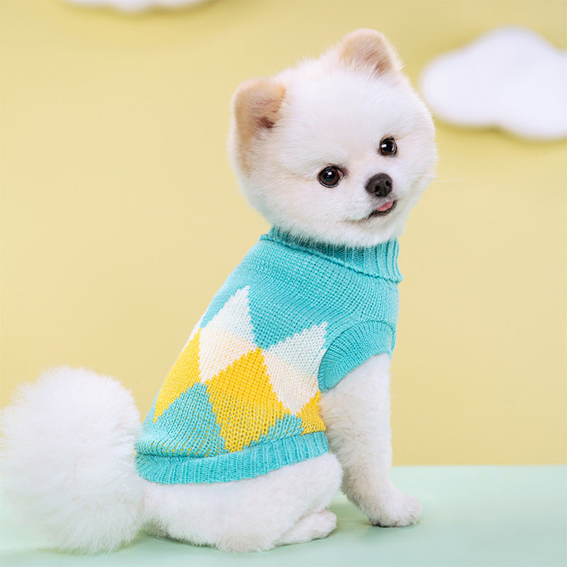 Blue striped knit turtleneck dog sweater, view 6