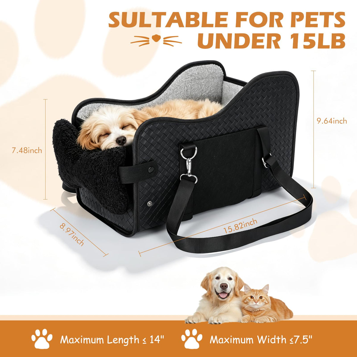 Black console dog car seat with storage pocket, view 3