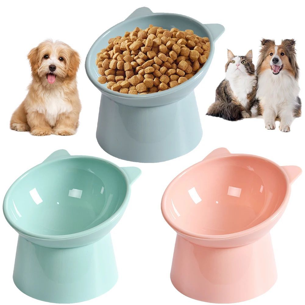 Tilted elevated cat food bowl with raised base, view 2
