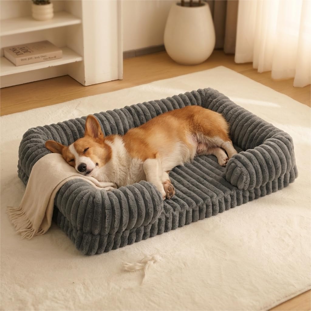 Striped plush bolster calming dog bed, view 2