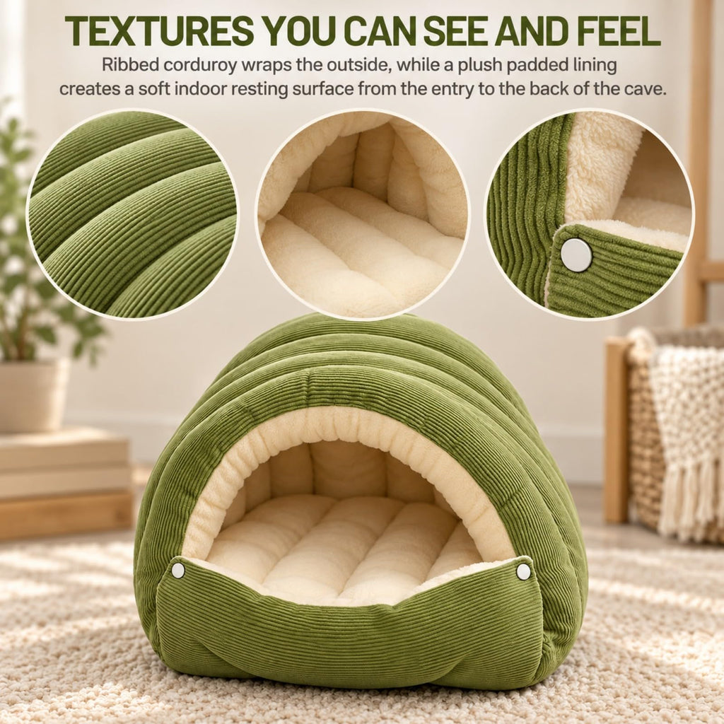 Beige corduroy covered cave bed for small dogs, view 9