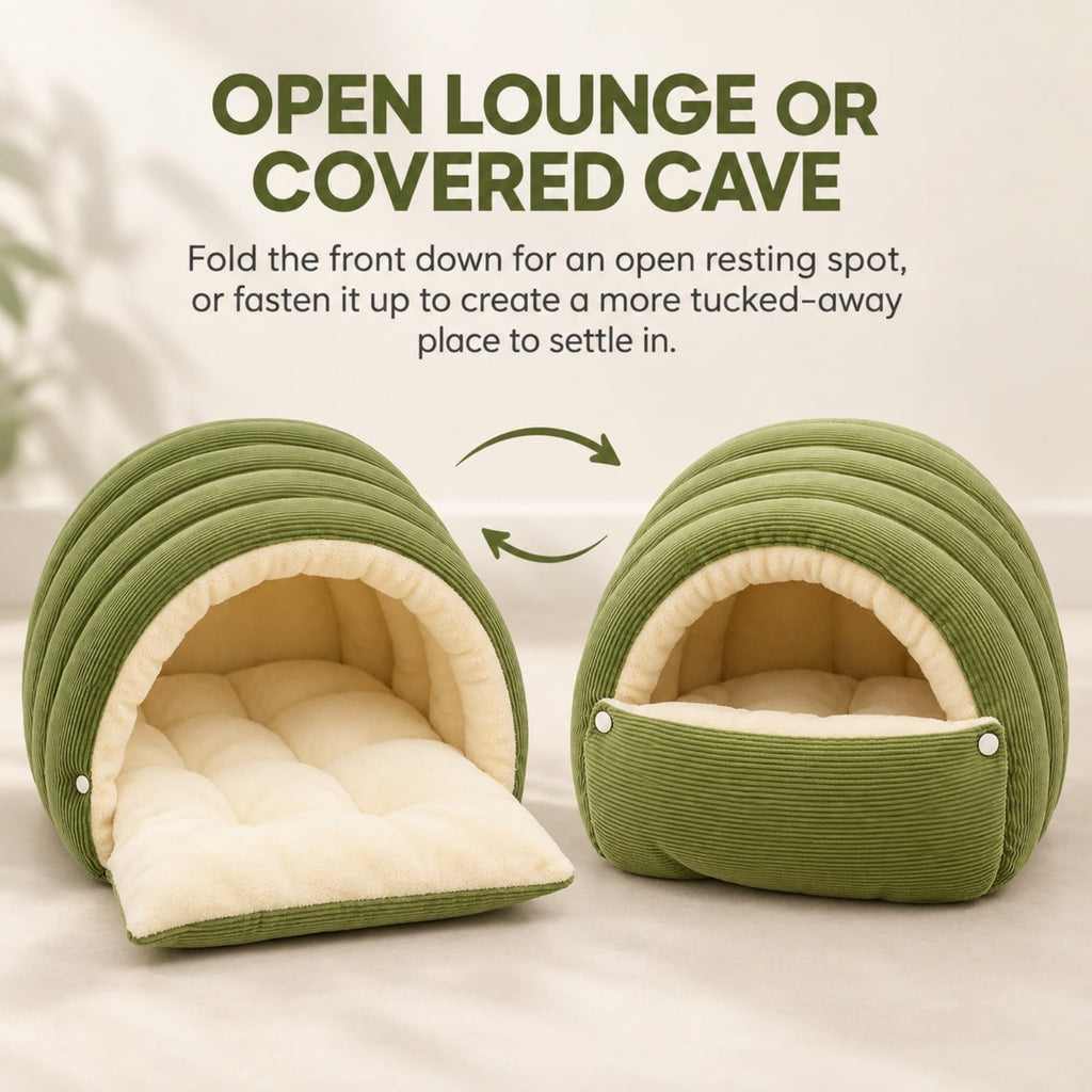Beige corduroy covered cave bed for small dogs, view 4