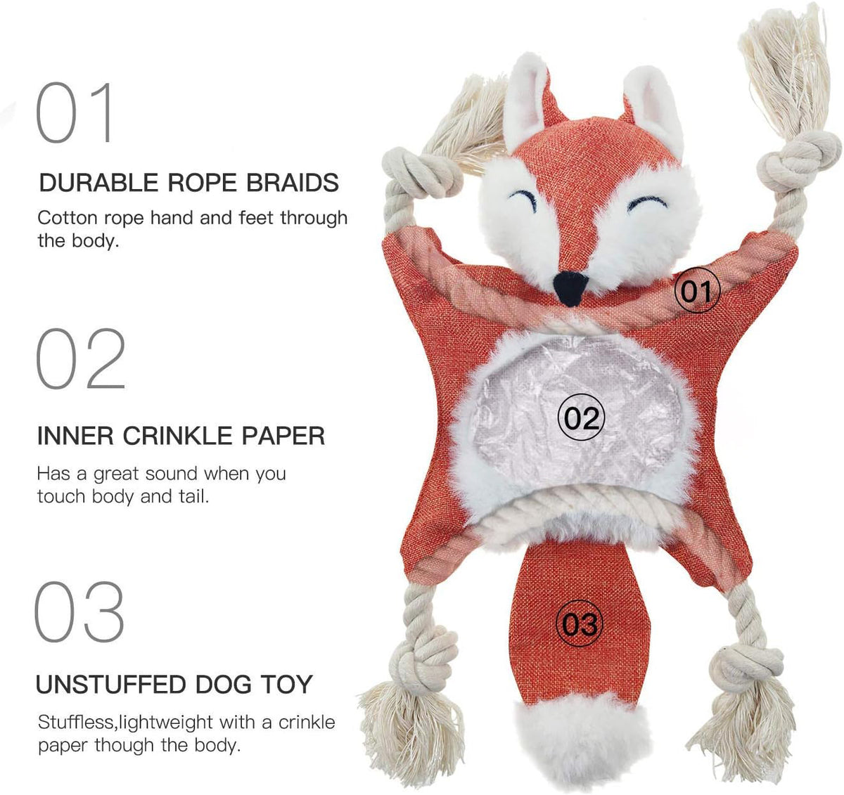 Stuffless plush fox dog toy with rope limbs, view 6
