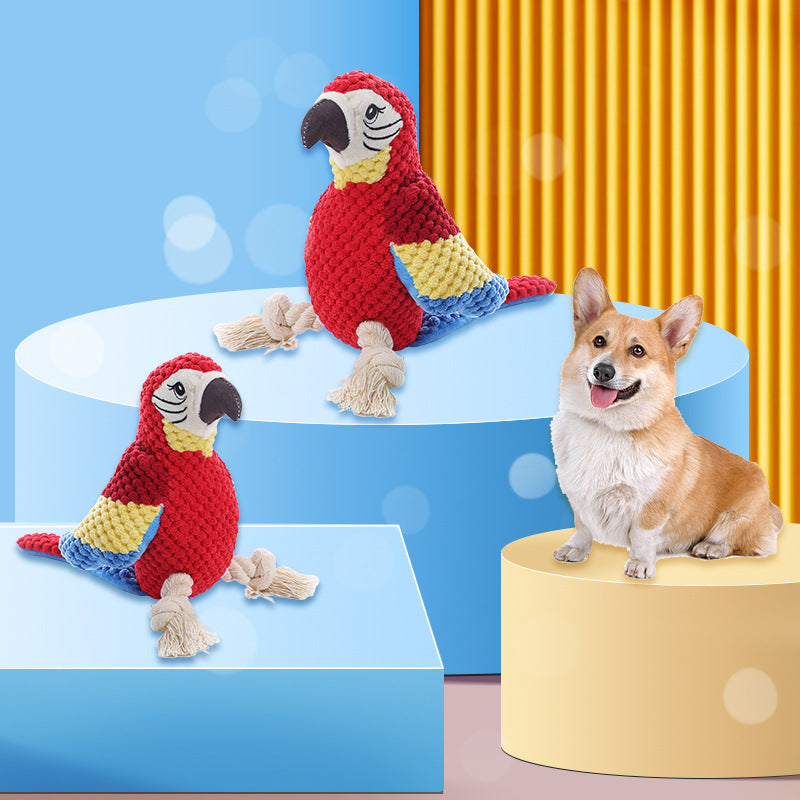 Squeaky plush parrot dog toy with rope knots, view 2