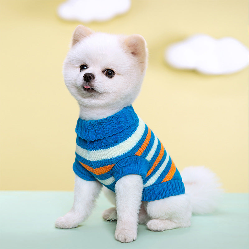 Blue striped knit turtleneck dog sweater, view 2