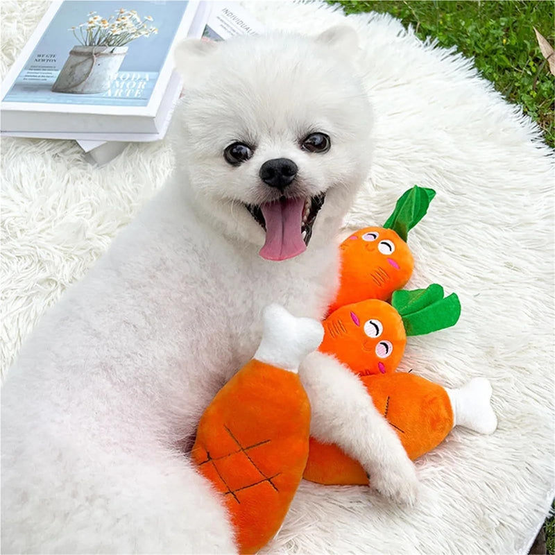 Squeaky plush chicken leg and carrot dog toys, view 2