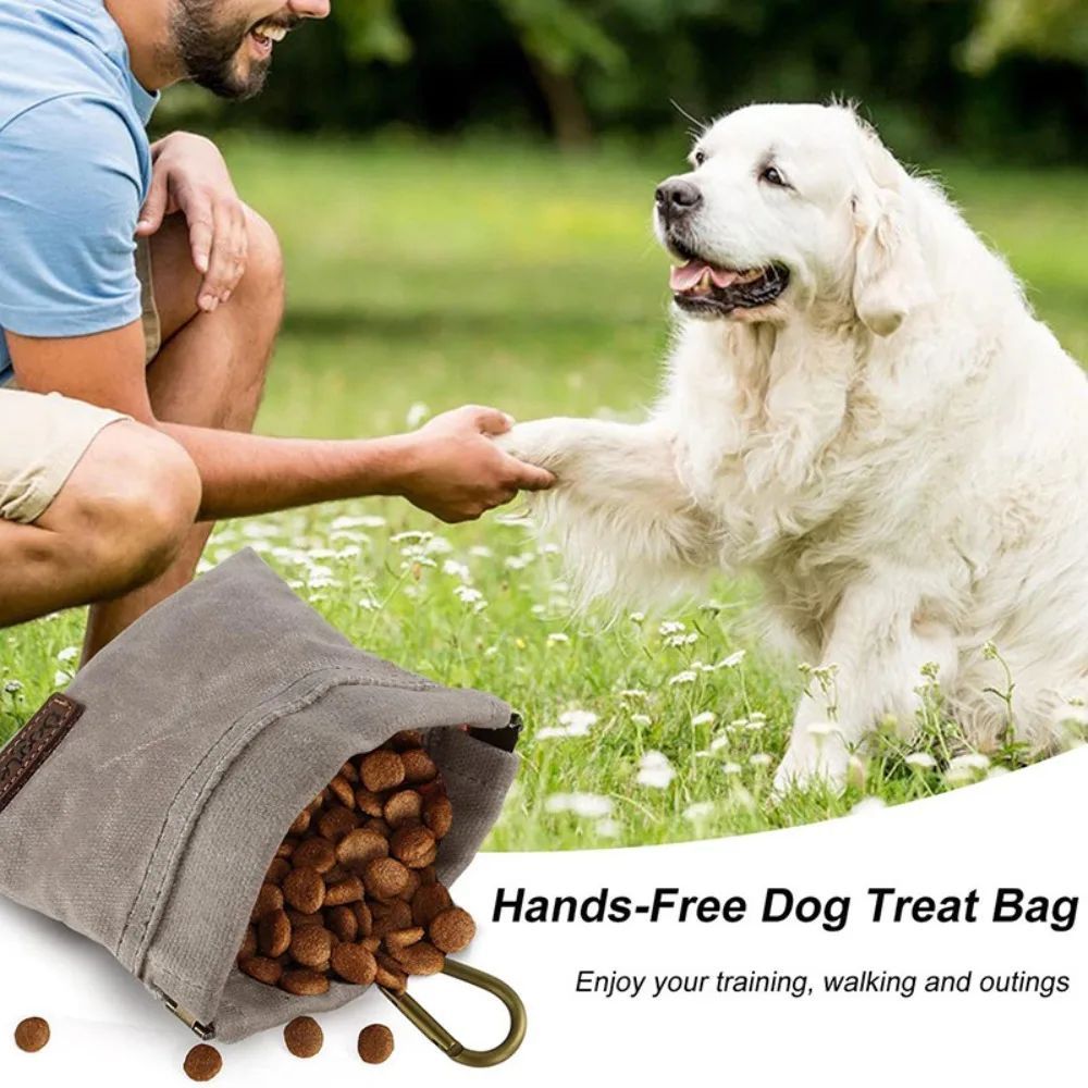 Waxed canvas dog treat pouch with carabiner clip, view 2