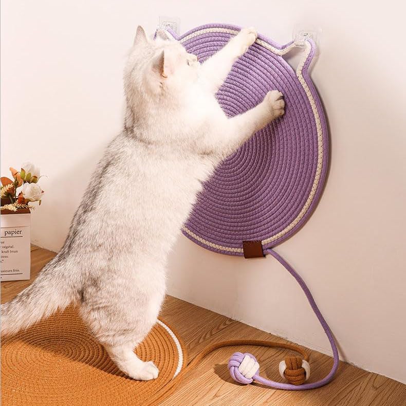 Woven cotton rope cat scratch mat with toy ball, view 4
