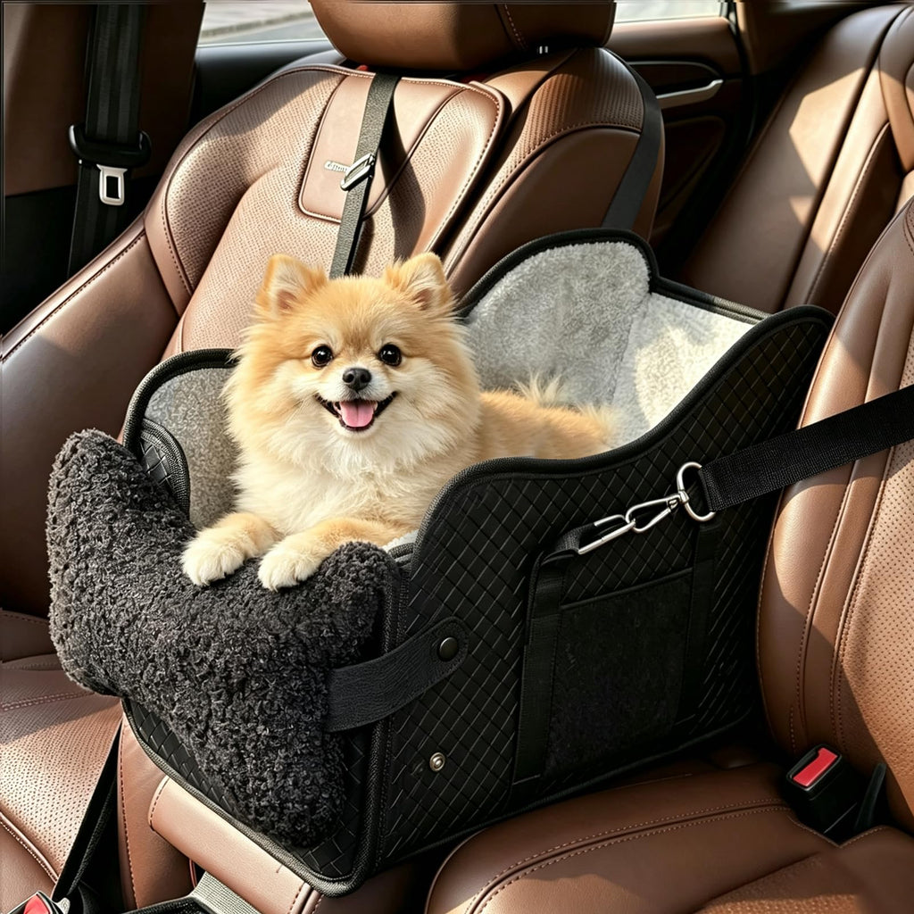 Black console dog car seat with storage pocket, view 2